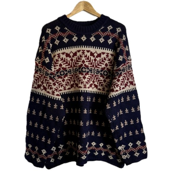 Vintage Sweater Men Large Navy Burgundy Cream 100% Wool Nordic FairIsle 90s Ski - Picture 1 of 16